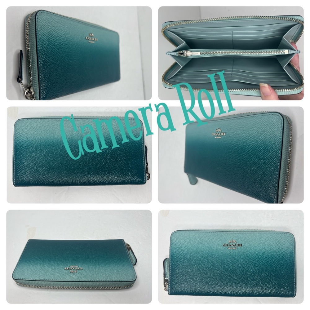 Coach Ombre Crossgrain Leather Zip Around Wallet F22808 Sea Green Teal - Picture 5 of 6